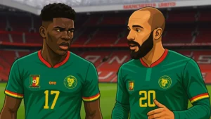 Carlos Baleba to Man Utd transfer saga Bryan Mbeumo trying to convince Baleba (vector image)